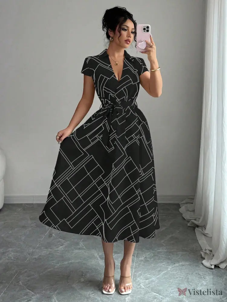Vestido Midi Chemise Estampado Com Cinto Ajustável Vestido Midi Chemise Estampado Com Cinto Ajustável