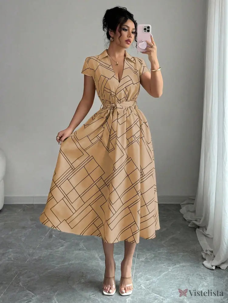 Vestido Midi Chemise Estampado Com Cinto Ajustável Vestido Midi Chemise Estampado Com Cinto Ajustável