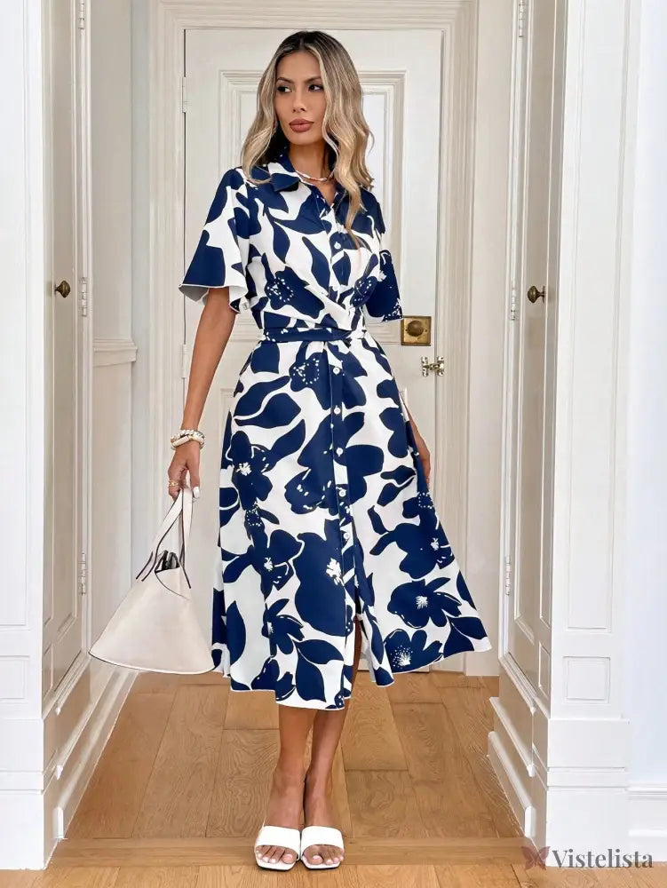 Vestido Midi Chemise Estilo Casual Com Botões Frontais Vestido Midi Chemise Estilo Casual Com Botões Frontais