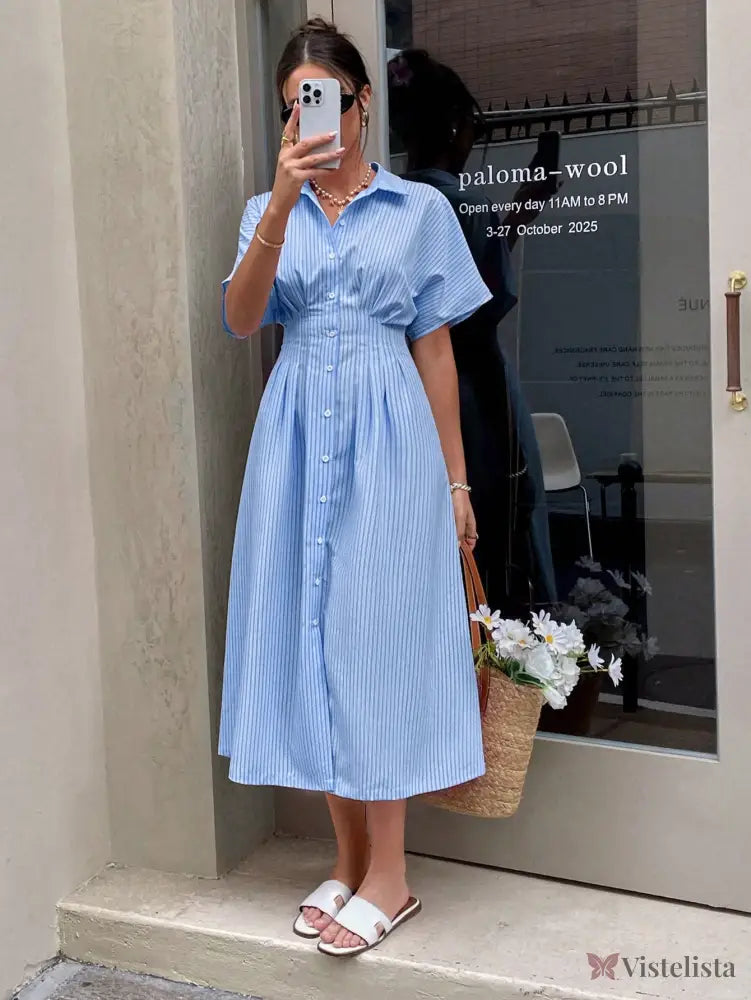 Vestido Midi Chemise Listrado Com Cintura Marcada Vestido Midi Chemise Listrado Com Cintura Marcada