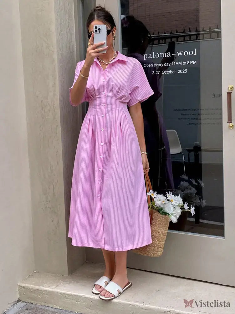 Vestido Midi Chemise Listrado Com Cintura Marcada Vestido Midi Chemise Listrado Com Cintura Marcada