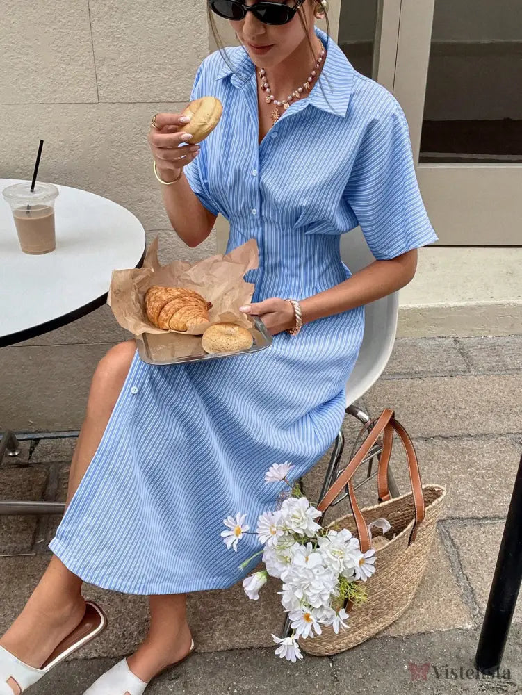 Vestido Midi Chemise Listrado Com Cintura Marcada Vestido Midi Chemise Listrado Com Cintura Marcada