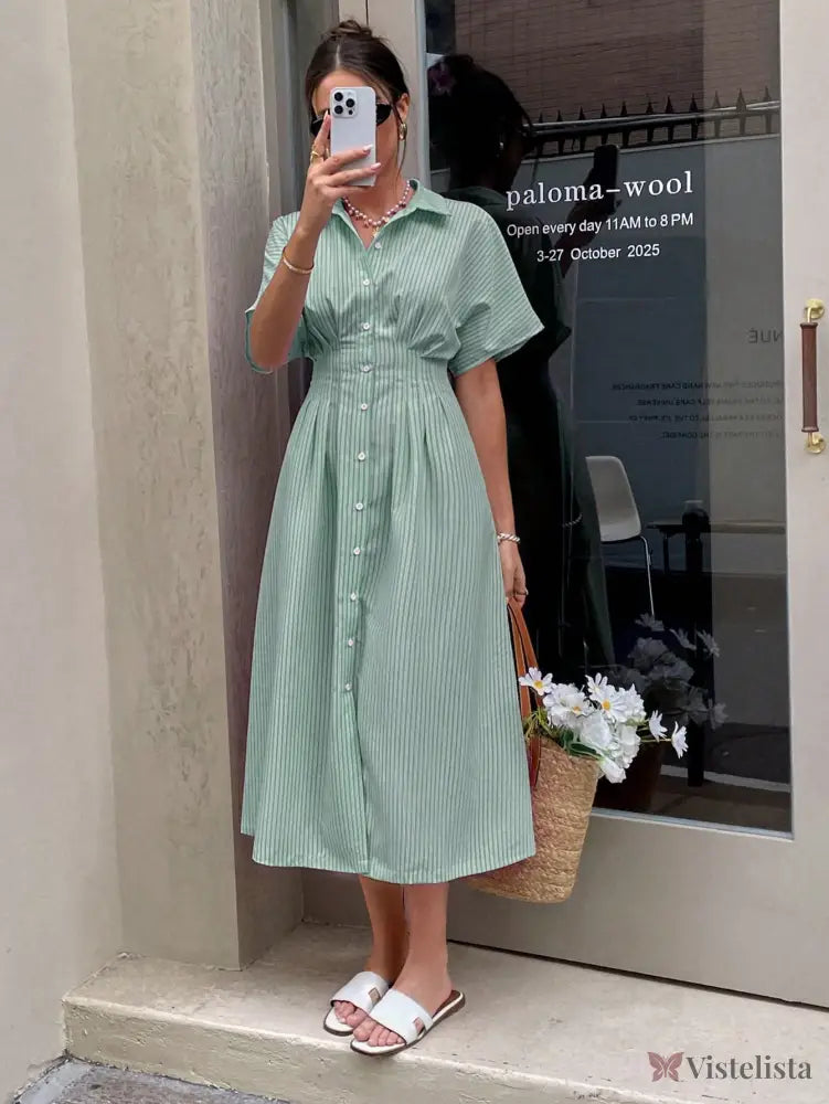Vestido Midi Chemise Listrado Com Cintura Marcada Vestido Midi Chemise Listrado Com Cintura Marcada
