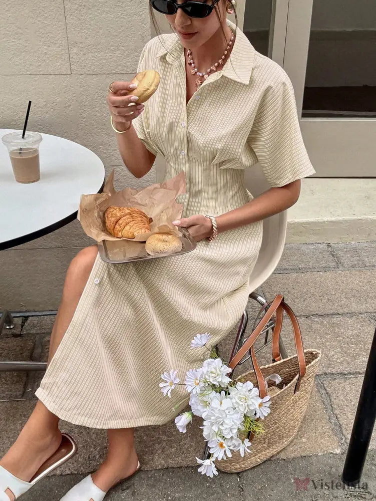 Vestido Midi Chemise Listrado Com Cintura Marcada Vestido Midi Chemise Listrado Com Cintura Marcada