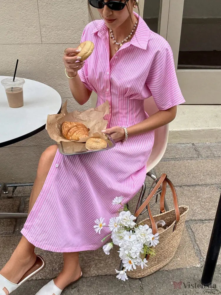 Vestido Midi Chemise Listrado Com Cintura Marcada Vestido Midi Chemise Listrado Com Cintura Marcada