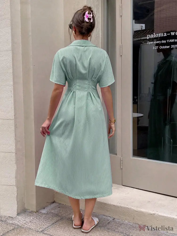 Vestido Midi Chemise Listrado Com Cintura Marcada Vestido Midi Chemise Listrado Com Cintura Marcada