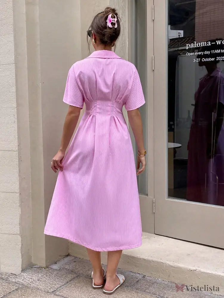 Vestido Midi Chemise Listrado Com Cintura Marcada Vestido Midi Chemise Listrado Com Cintura Marcada