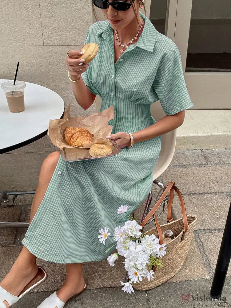 Vestido Midi Chemise Listrado Com Cintura Marcada Vestido Midi Chemise Listrado Com Cintura Marcada