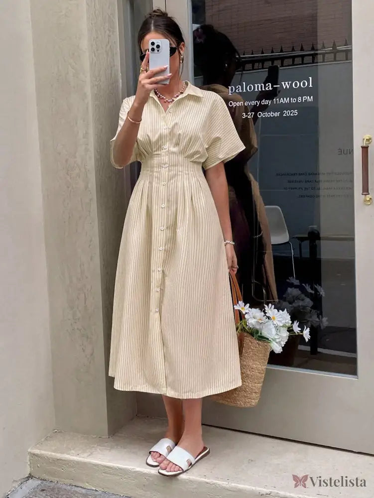 Vestido Midi Chemise Listrado Com Cintura Marcada Vestido Midi Chemise Listrado Com Cintura Marcada