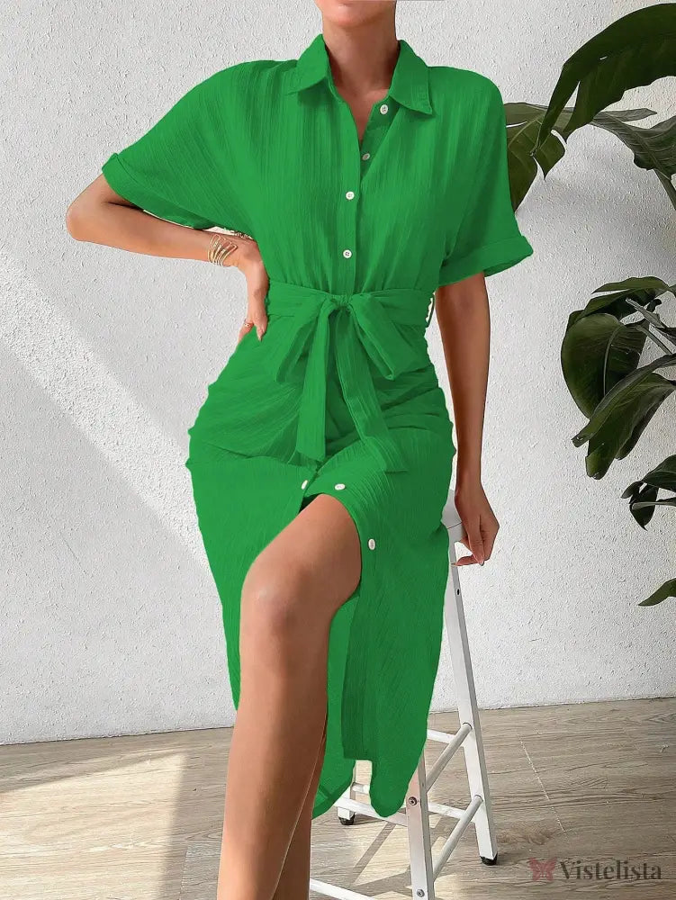 Vestido Midi Chemise Plissado Com Amarração Na Cintura Vestido Midi Chemise Plissado Com Amarração Na Cintura