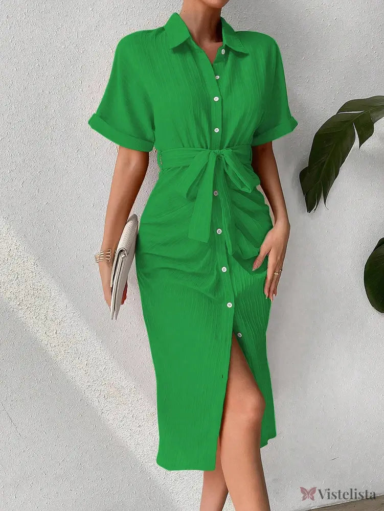 Vestido Midi Chemise Plissado Com Amarração Na Cintura Vestido Midi Chemise Plissado Com Amarração Na Cintura