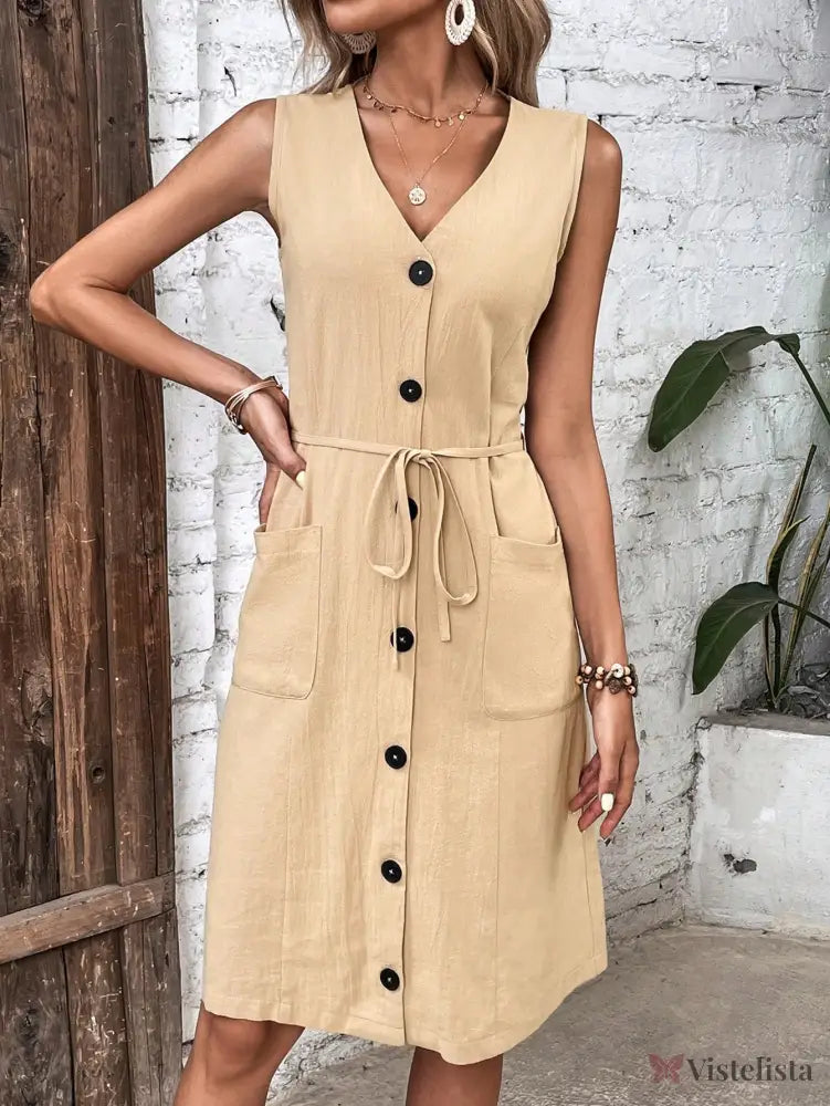 Vestido Midi Chemise Sem Manga Com Botões Frontais Vestido Midi Chemise Sem Manga Com Botões Frontais