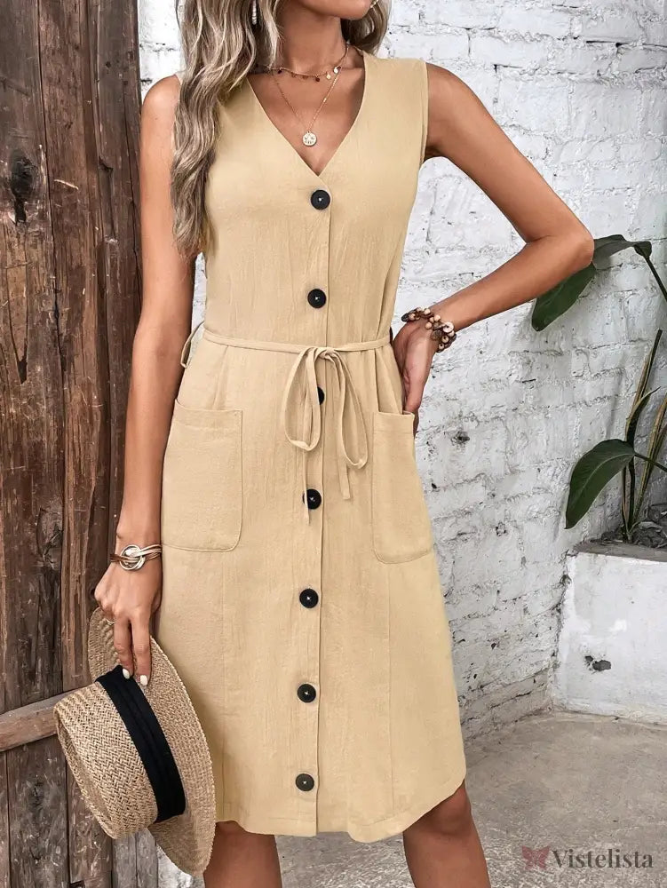 Vestido Midi Chemise Sem Manga Com Botões Frontais Vestido Midi Chemise Sem Manga Com Botões Frontais