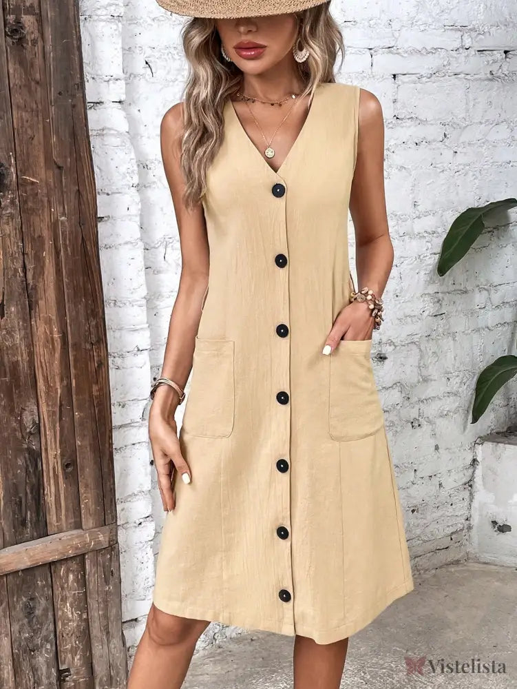 Vestido Midi Chemise Sem Manga Com Botões Frontais Vestido Midi Chemise Sem Manga Com Botões Frontais