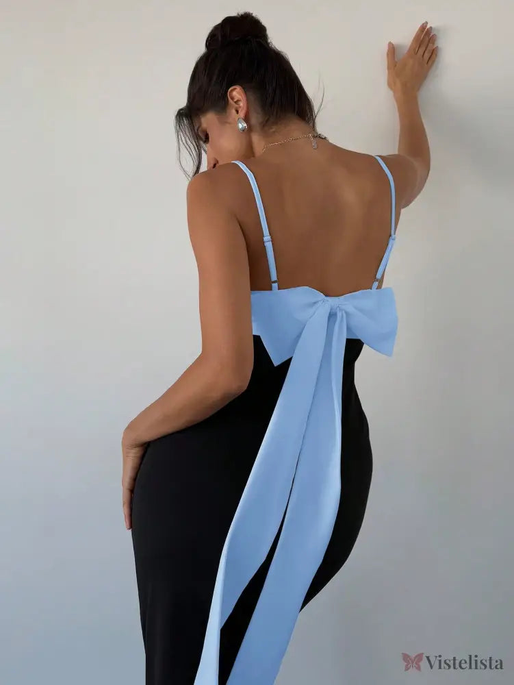 Vestido Midi Com Alças Finas E Laço Elegante Nas Costas Vestido Midi Com Alças Finas E Laço Elegante Nas Costas