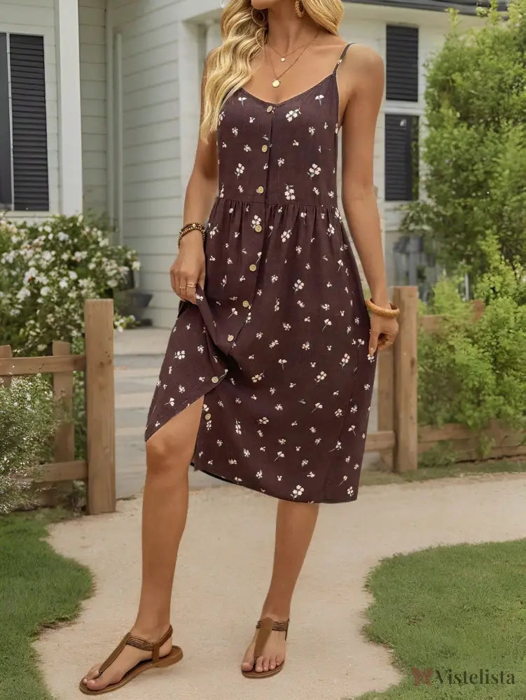 Vestido Midi De Alças Estampa Floral Com Botões Frontais Vestido Midi De Alças Estampa Floral Com Botões Frontais