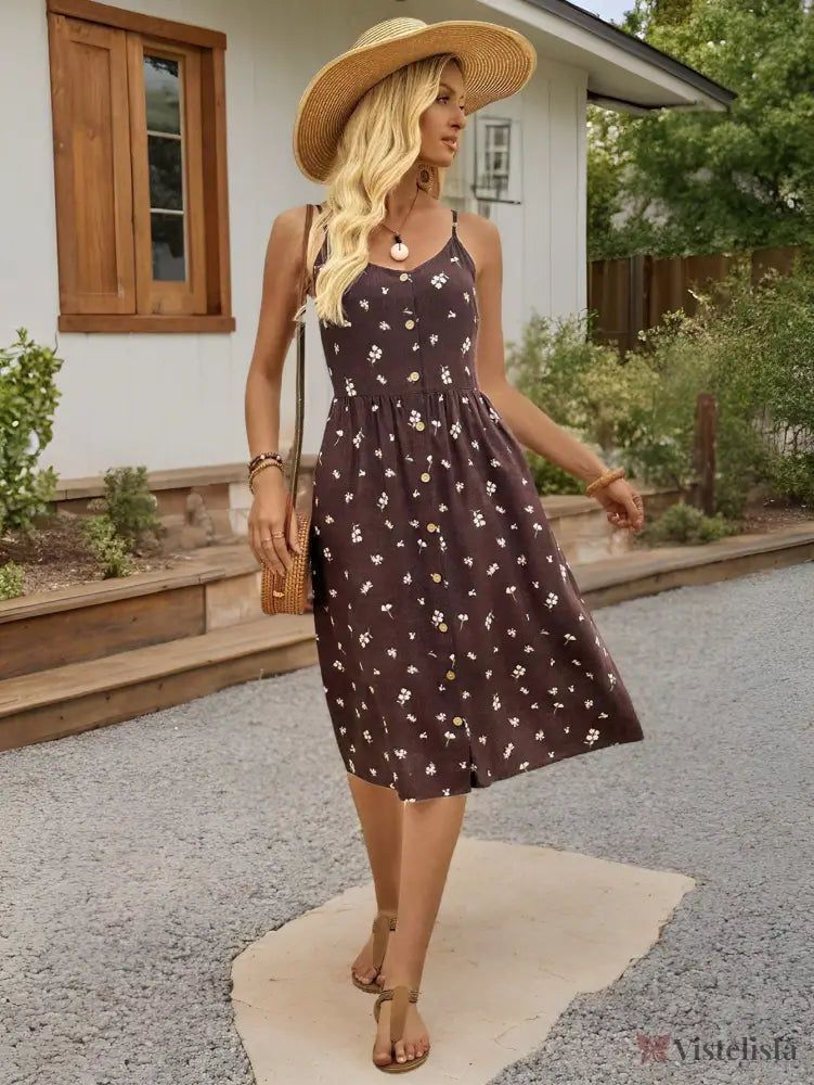 Vestido Midi De Alças Estampa Floral Com Botões Frontais Vestido Midi De Alças Estampa Floral Com Botões Frontais