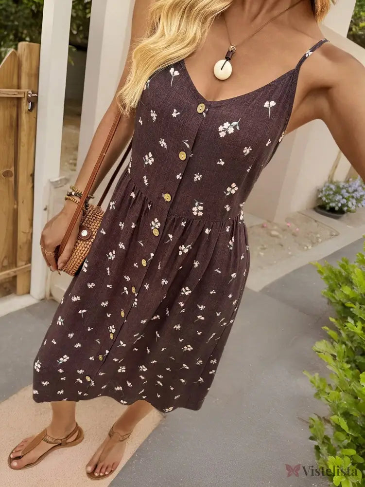 Vestido Midi De Alças Estampa Floral Com Botões Frontais Vestido Midi De Alças Estampa Floral Com Botões Frontais