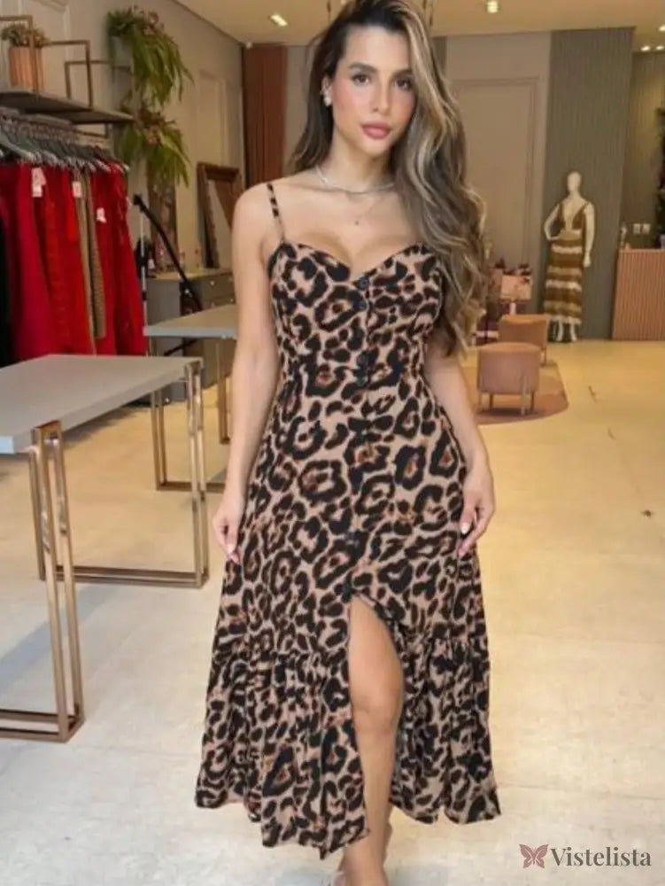 Vestido Midi De Alças Estampado Com Botões E Fenda Vestido Midi De Alças Estampado Com Botões E Fenda
