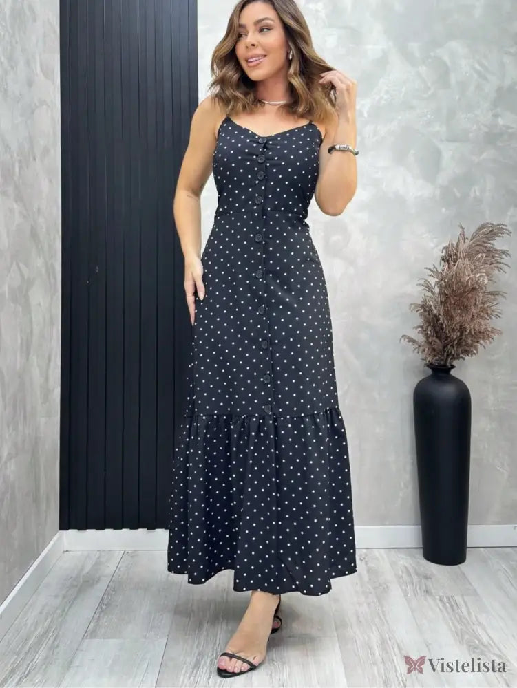 Vestido Midi De Alças Estampado Com Botões E Fenda Vestido Midi De Alças Estampado Com Botões E Fenda