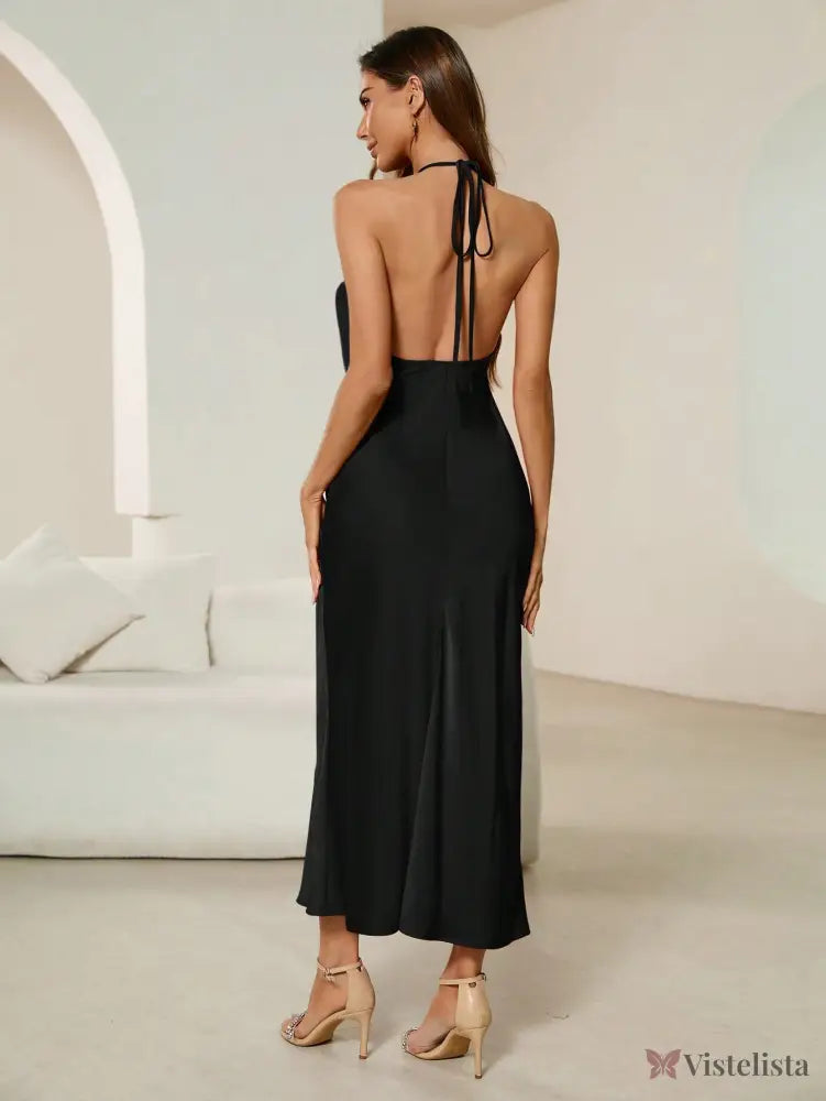 Vestido Midi De Cetim Elegante Com Alça Halter Vestido Midi De Cetim Elegante Com Alça Halter