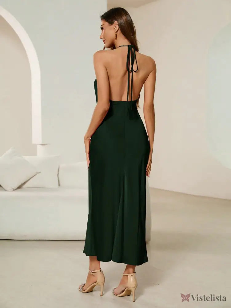 Vestido Midi De Cetim Elegante Com Alça Halter Vestido Midi De Cetim Elegante Com Alça Halter