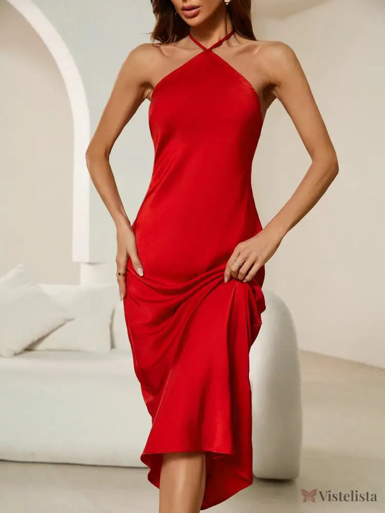 Vestido Midi De Cetim Elegante Com Alça Halter Vestido Midi De Cetim Elegante Com Alça Halter