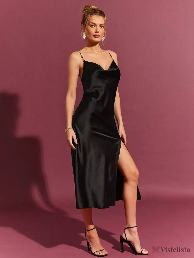 Vestido Midi Elegante Alças Finas Corrente Decote Drapeado Vestido Midi Elegante Alças Finas Corrente Decote Drapeado