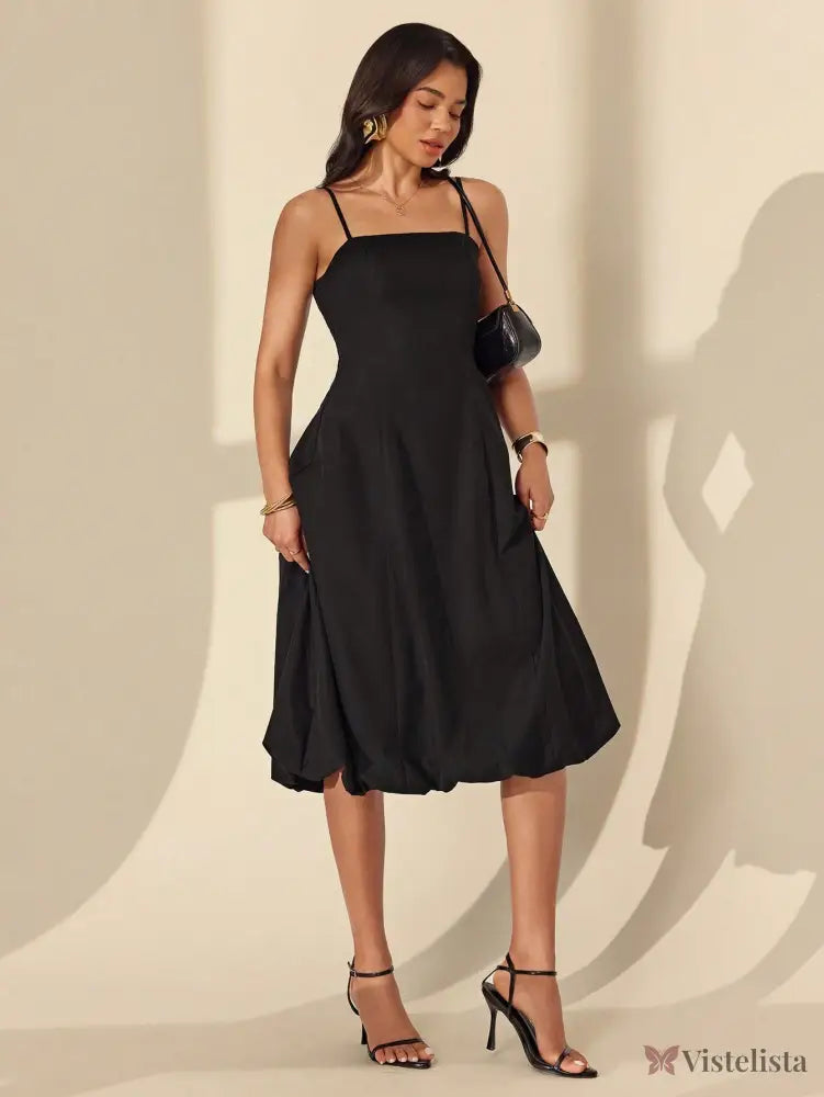 Vestido Midi Elegante Alças Finas Saia Balonê Estruturada Vestido Midi Elegante Alças Finas Saia Balonê Estruturada