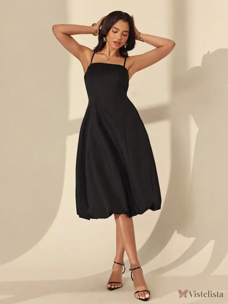Vestido Midi Elegante Alças Finas Saia Balonê Estruturada Vestido Midi Elegante Alças Finas Saia Balonê Estruturada