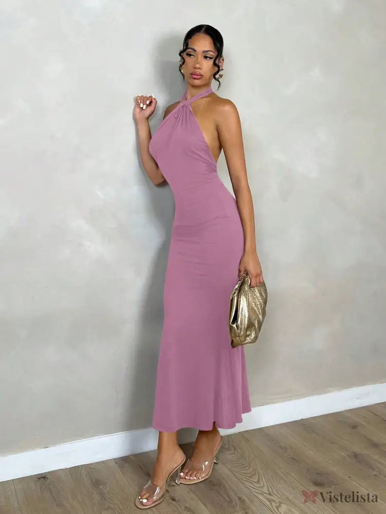 Vestido Midi Elegante Justo Com Decote Halter Torcido Vestido Midi Elegante Justo Com Decote Halter Torcido