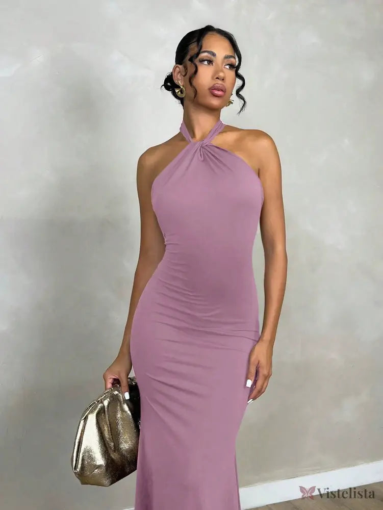 Vestido Midi Elegante Justo Com Decote Halter Torcido Vestido Midi Elegante Justo Com Decote Halter Torcido