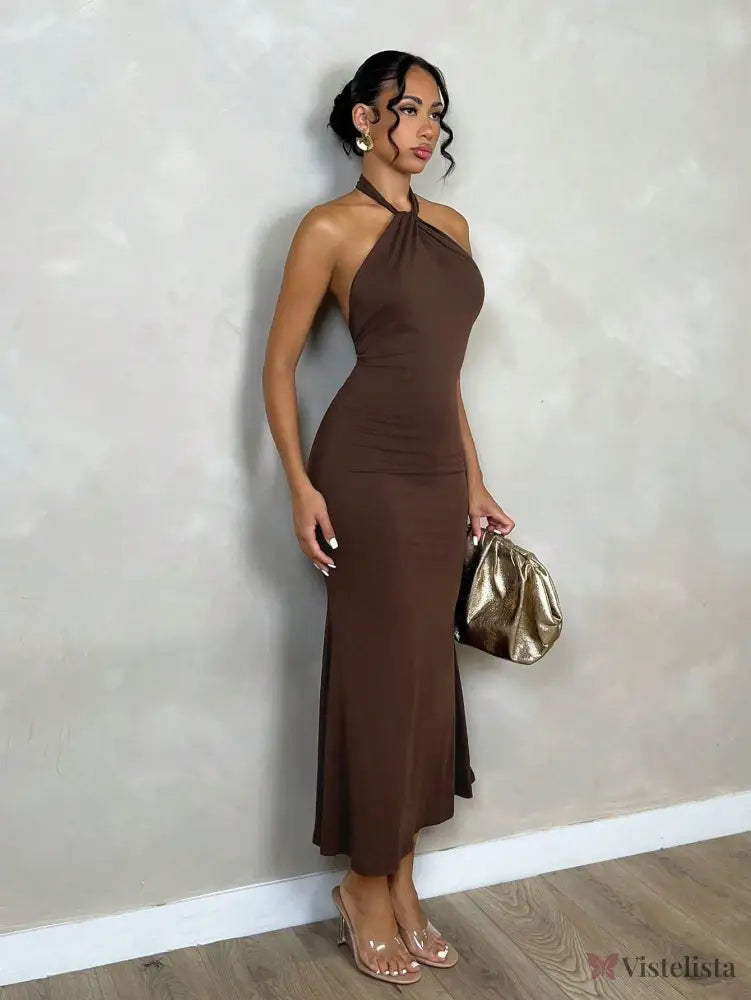 Vestido Midi Elegante Justo Com Decote Halter Torcido Vestido Midi Elegante Justo Com Decote Halter Torcido