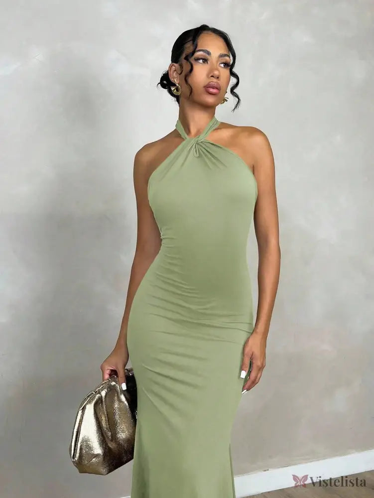 Vestido Midi Elegante Justo Com Decote Halter Torcido Vestido Midi Elegante Justo Com Decote Halter Torcido