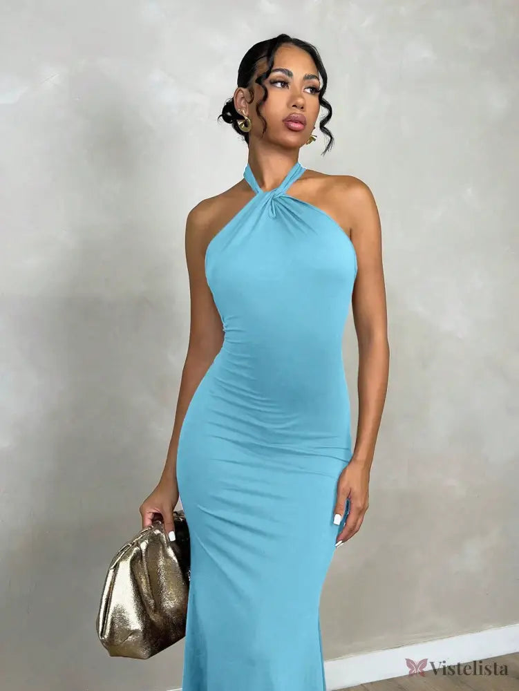 Vestido Midi Elegante Justo Com Decote Halter Torcido Vestido Midi Elegante Justo Com Decote Halter Torcido