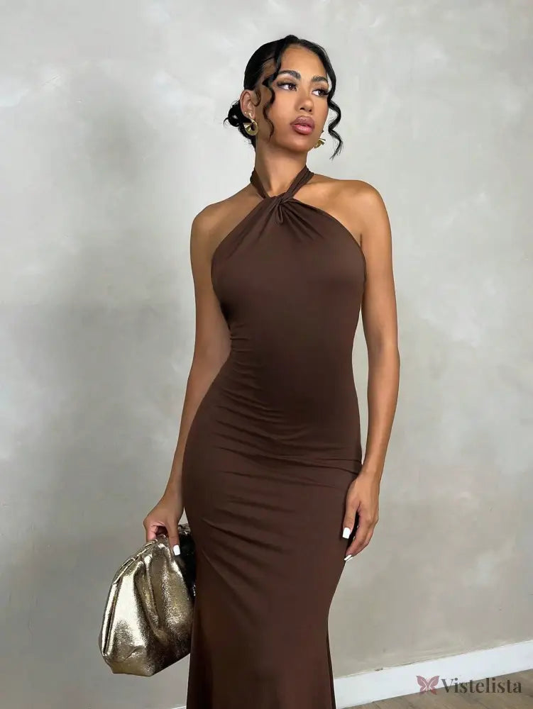 Vestido Midi Elegante Justo Com Decote Halter Torcido Vestido Midi Elegante Justo Com Decote Halter Torcido