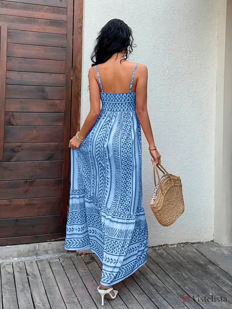 Vestido Midi Estampado Étnico com Alças Finas Ajustáveis Vestido Midi Estampado Étnico com Alças Finas Ajustáveis