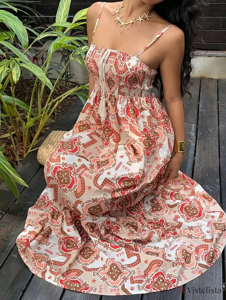 Vestido Midi Estampado Étnico com Alças Finas Ajustáveis Vestido Midi Estampado Étnico com Alças Finas Ajustáveis