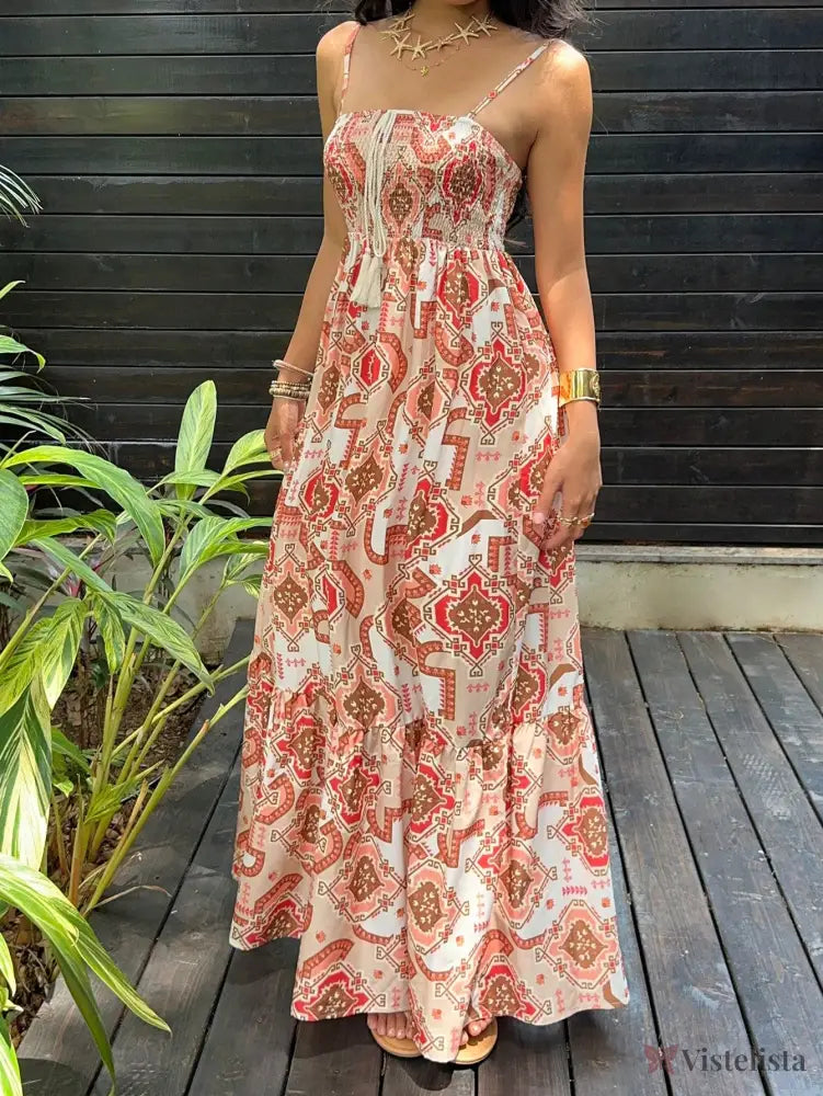 Vestido Midi Estampado Étnico com Alças Finas Ajustáveis Vestido Midi Estampado Étnico com Alças Finas Ajustáveis