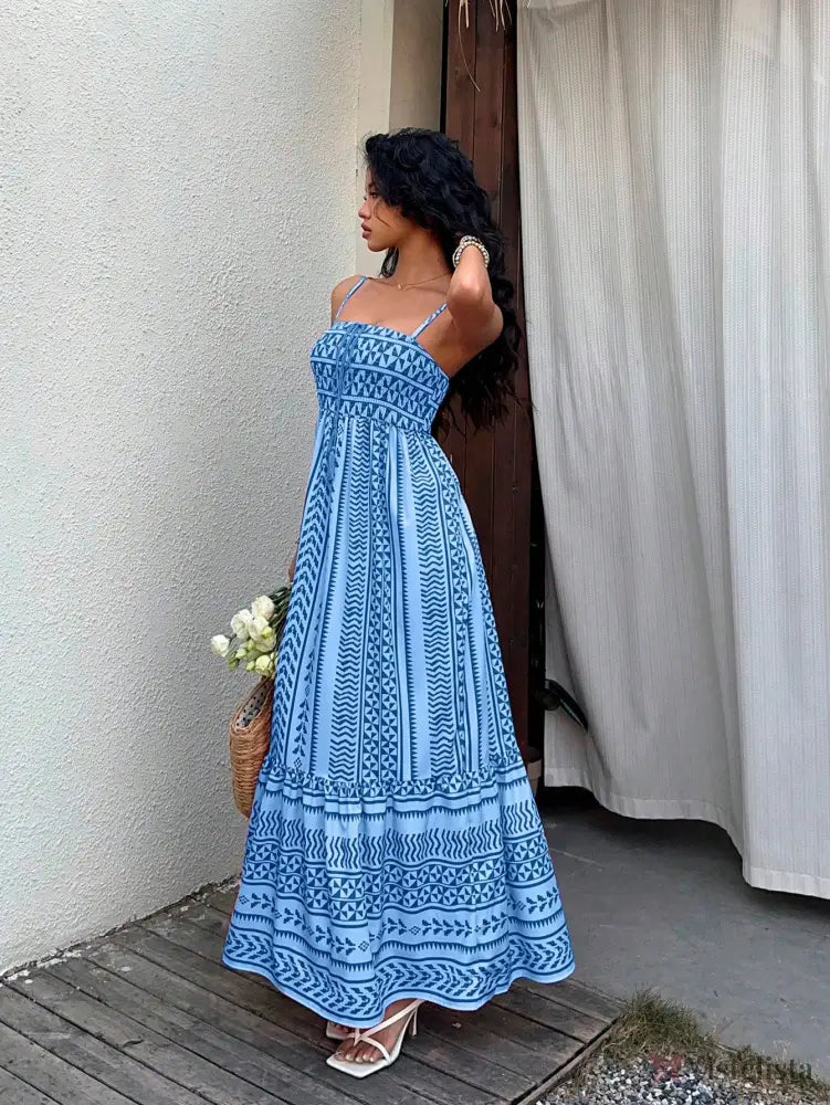 Vestido Midi Estampado Étnico com Alças Finas Ajustáveis Vestido Midi Estampado Étnico com Alças Finas Ajustáveis
