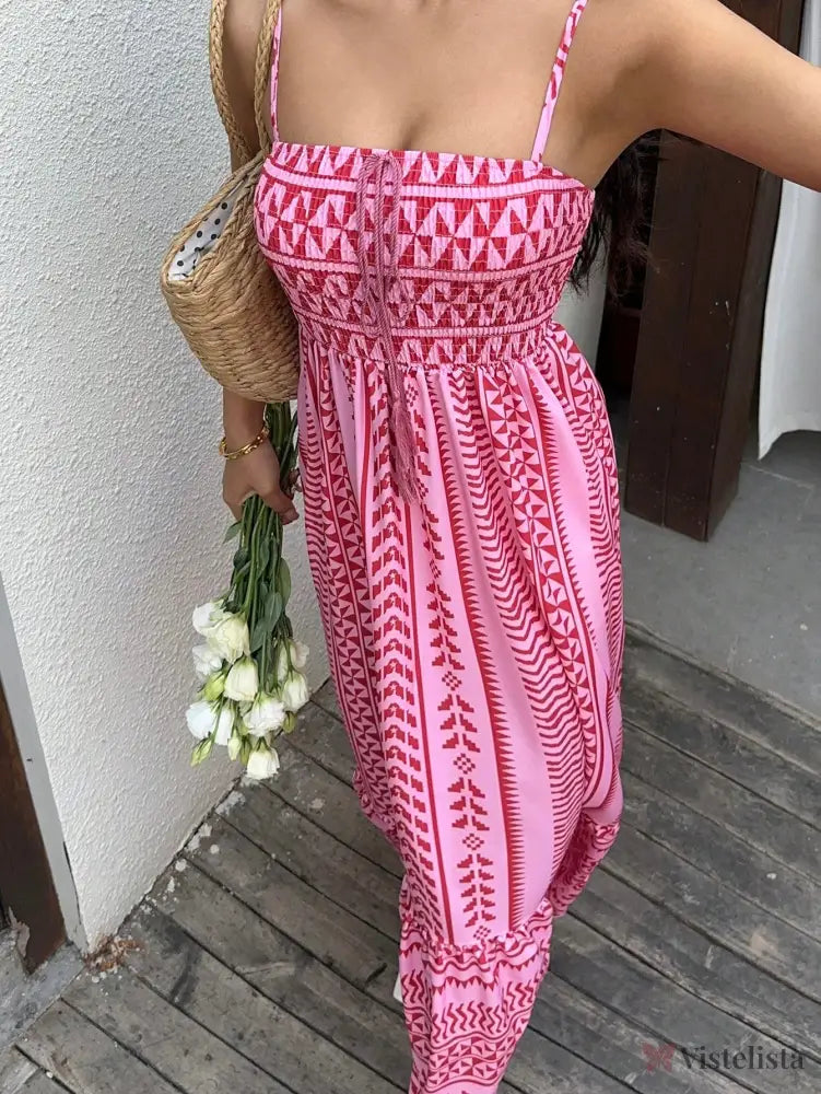 Vestido Midi Estampado Étnico com Alças Finas Ajustáveis Vestido Midi Estampado Étnico com Alças Finas Ajustáveis