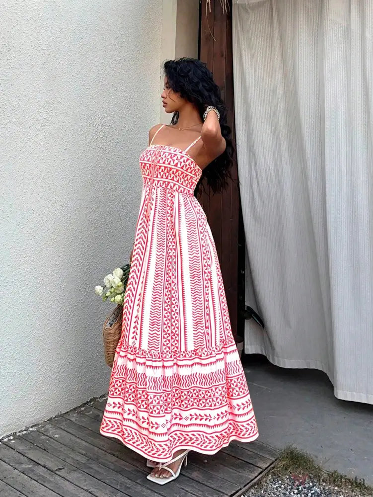 Vestido Midi Estampado Étnico com Alças Finas Ajustáveis Vestido Midi Estampado Étnico com Alças Finas Ajustáveis