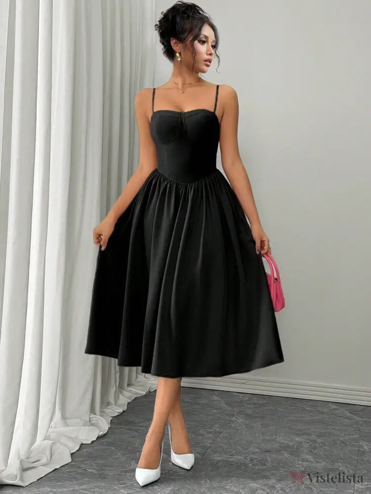 Vestido Midi Evasê Com Alças Finas Estruturado Vestido Midi Evasê Com Alças Finas Estruturado