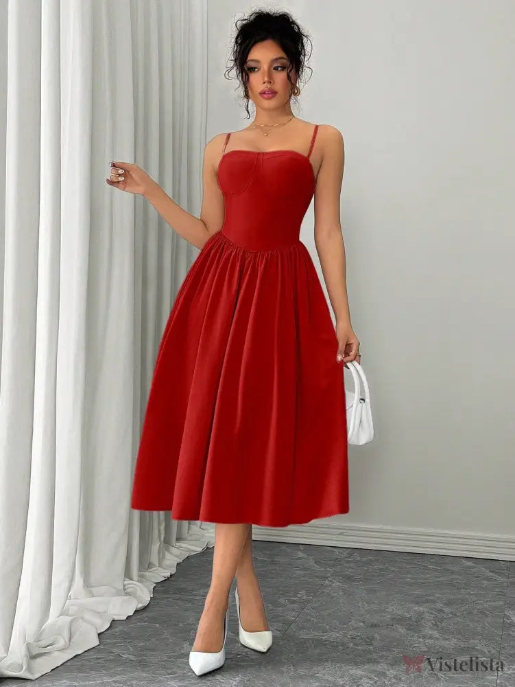 Vestido Midi Evasê Com Alças Finas Estruturado Vestido Midi Evasê Com Alças Finas Estruturado