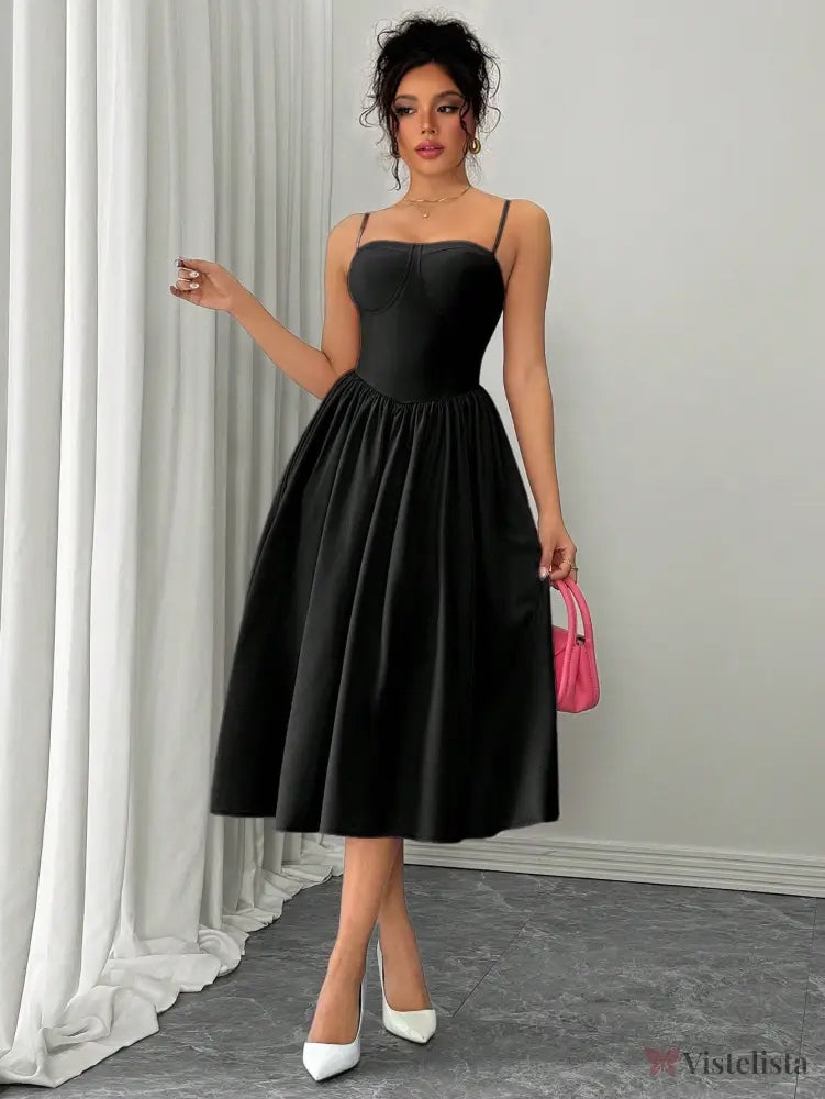 Vestido Midi Evasê Com Alças Finas Estruturado Vestido Midi Evasê Com Alças Finas Estruturado