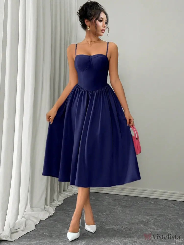 Vestido Midi Evasê Com Alças Finas Estruturado Vestido Midi Evasê Com Alças Finas Estruturado