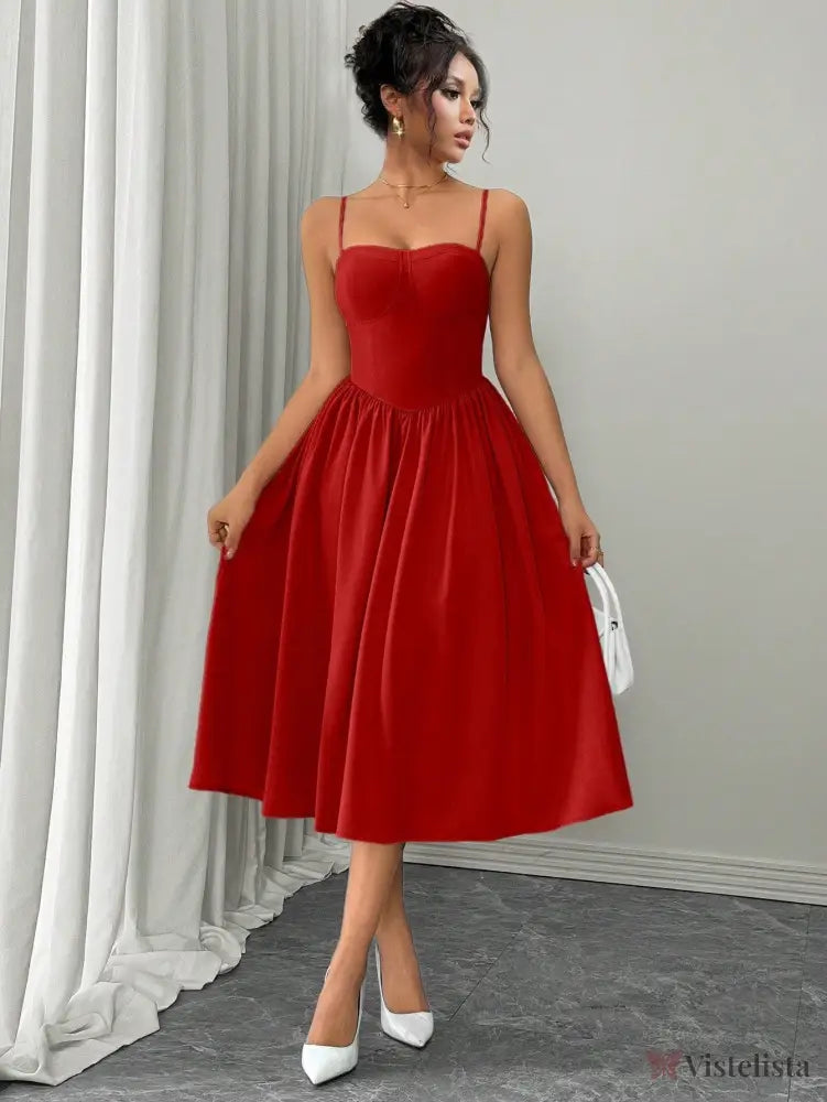 Vestido Midi Evasê Com Alças Finas Estruturado Vestido Midi Evasê Com Alças Finas Estruturado