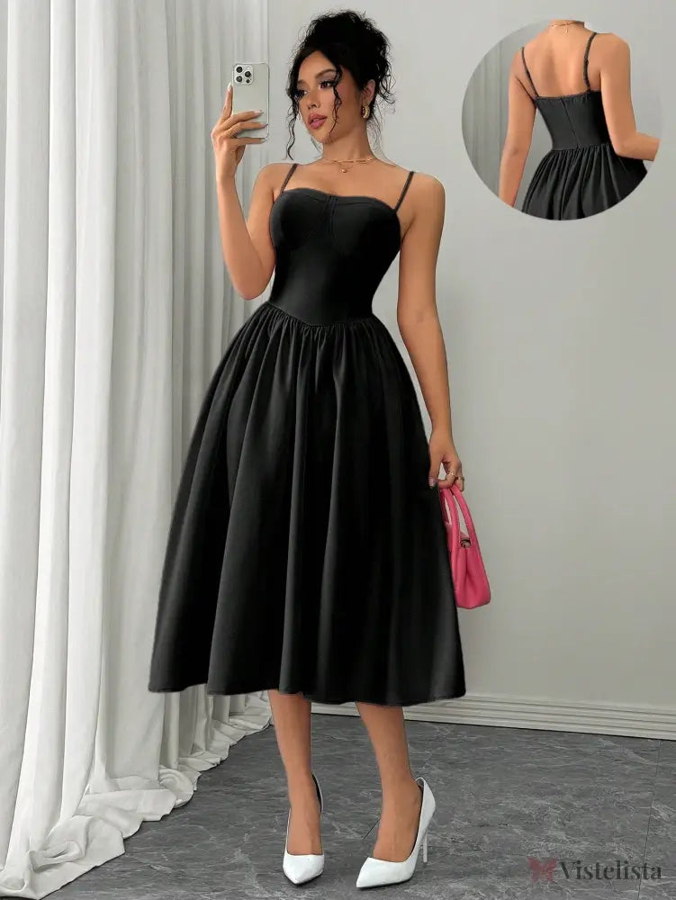 Vestido Midi Evasê Com Alças Finas Estruturado Preto / PP Vestido Midi Evasê Com Alças Finas Estruturado