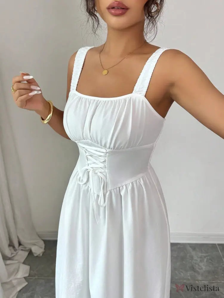 Vestido Midi Evasê Com Amarração Corset Frontal Vestido Midi Evasê Com Amarração Corset Frontal