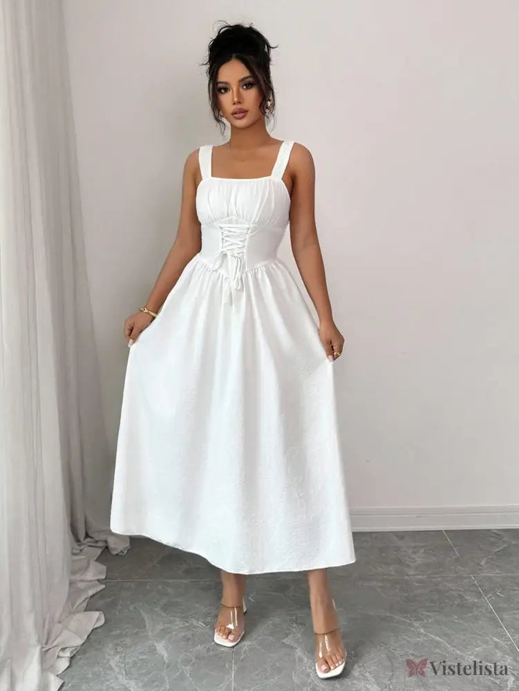 Vestido Midi Evasê Com Amarração Corset Frontal Vestido Midi Evasê Com Amarração Corset Frontal